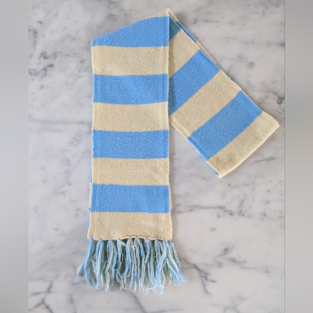Knitted Blue and Cream Striped Scarf.